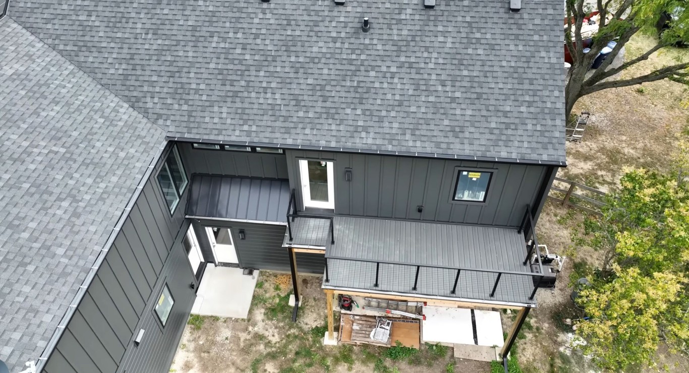 Aerial view of modern deck construction project